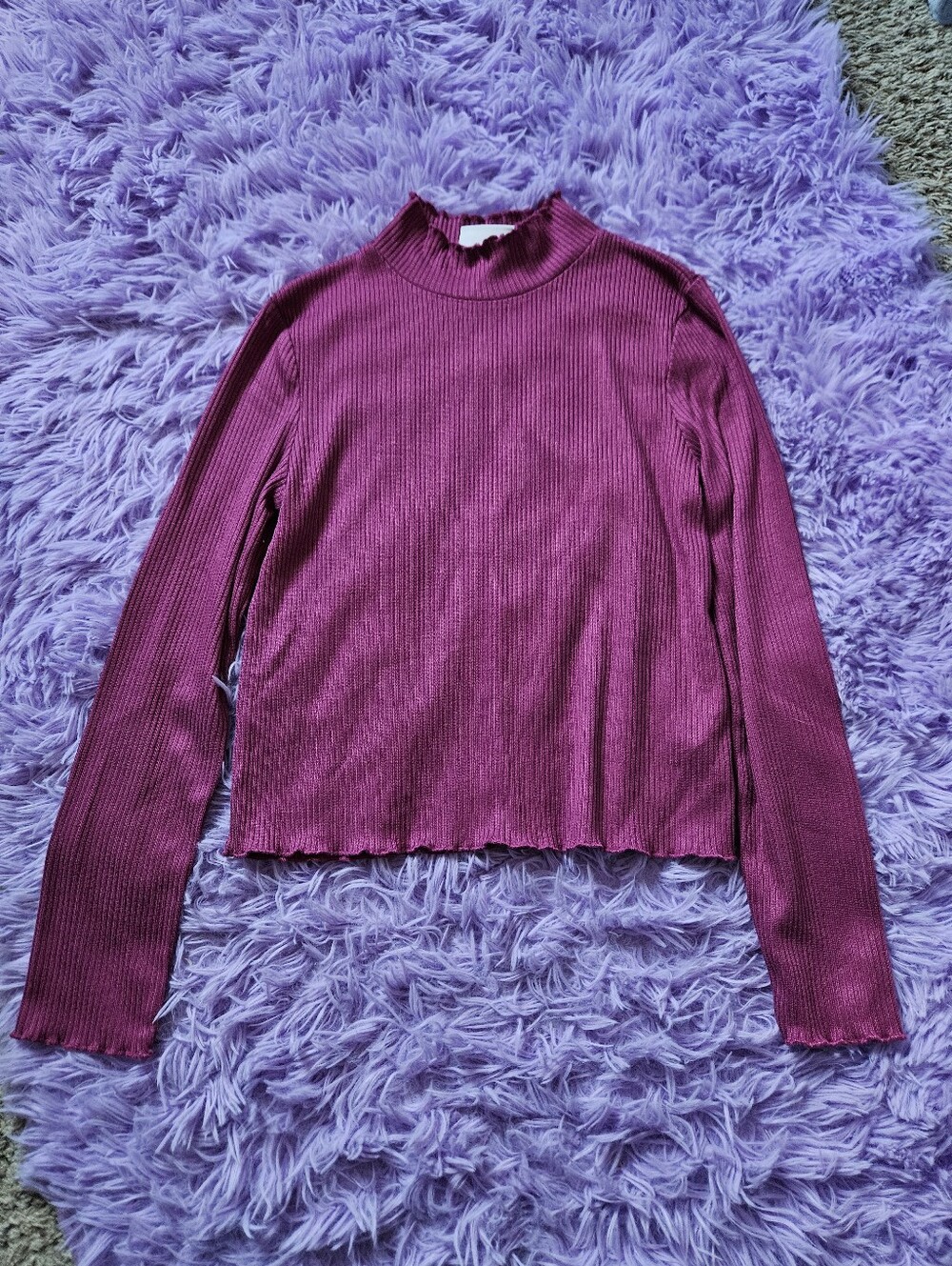 Colorful Planet Ribbed Mock Neck Long Sleeve Top - Magenta | Girls 14/16